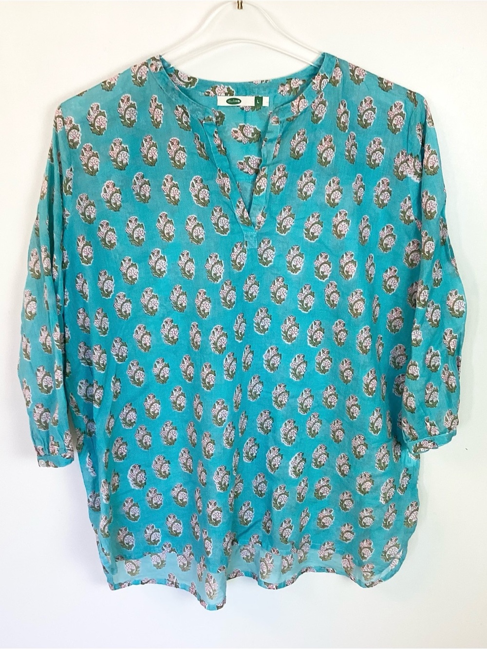 Dolma 3/4 Sleeve Floral Block Print Boho Top - Blue - L